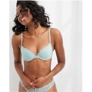 Aerie Real Power Dark Blue Plunge Push Up Slumber Party Lace Bra Size 36C